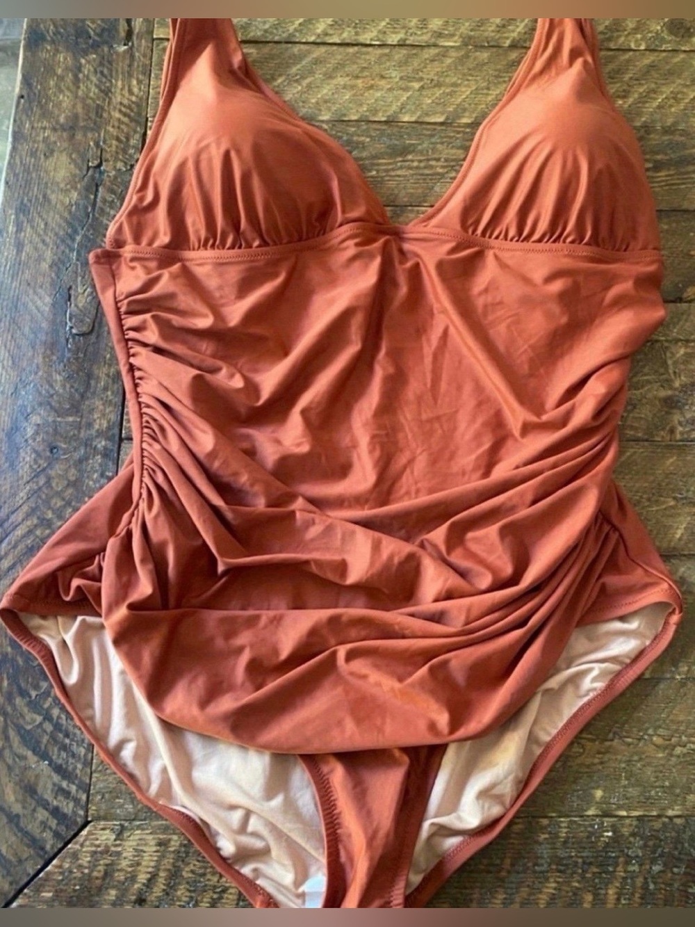 Brand New Women’s Rust One-Piece Swimsuit with Ruched Sides (Size 22)